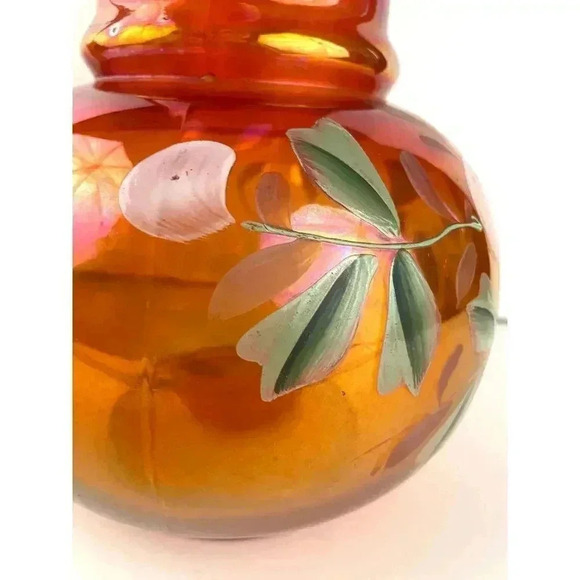 VTG Carnival Glass Orange Iridescent Pitcher Glass Blown Hand Painted 10" Floral - Picture 15 of 16